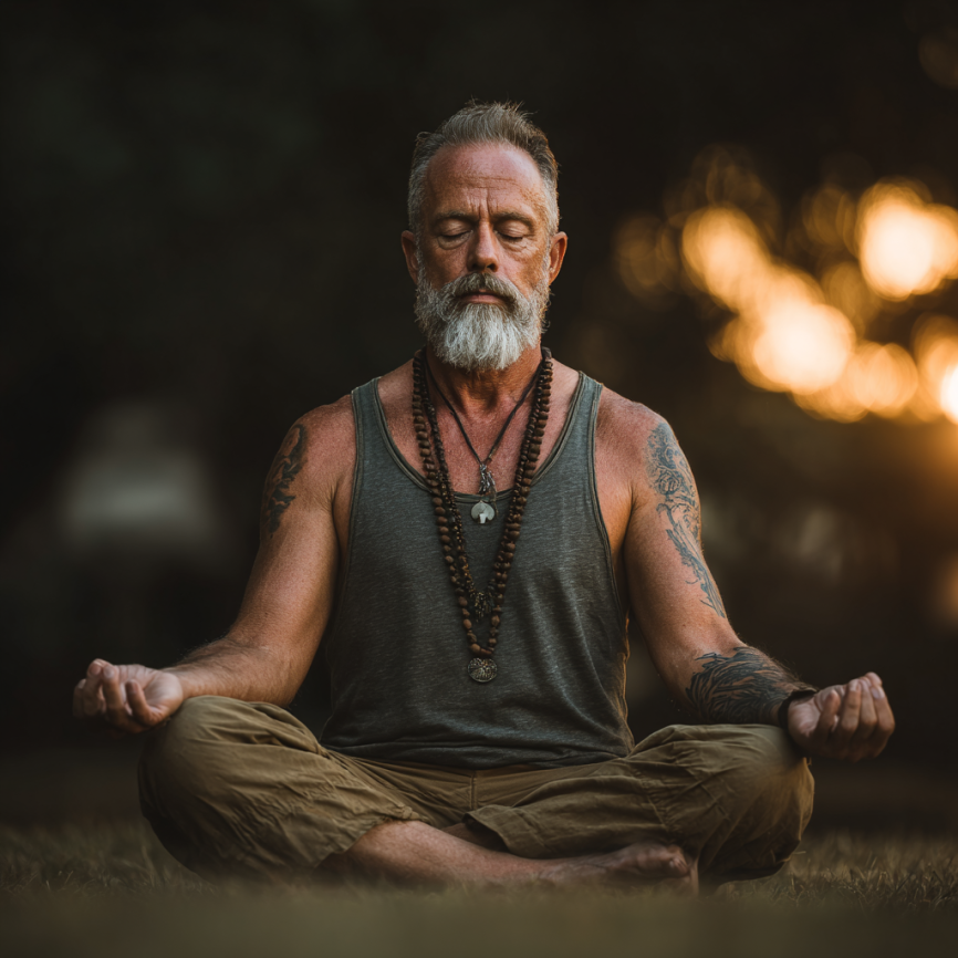 Seniori practicând yoga în natură