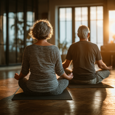 Grup de seniori practicând yoga în aer liber